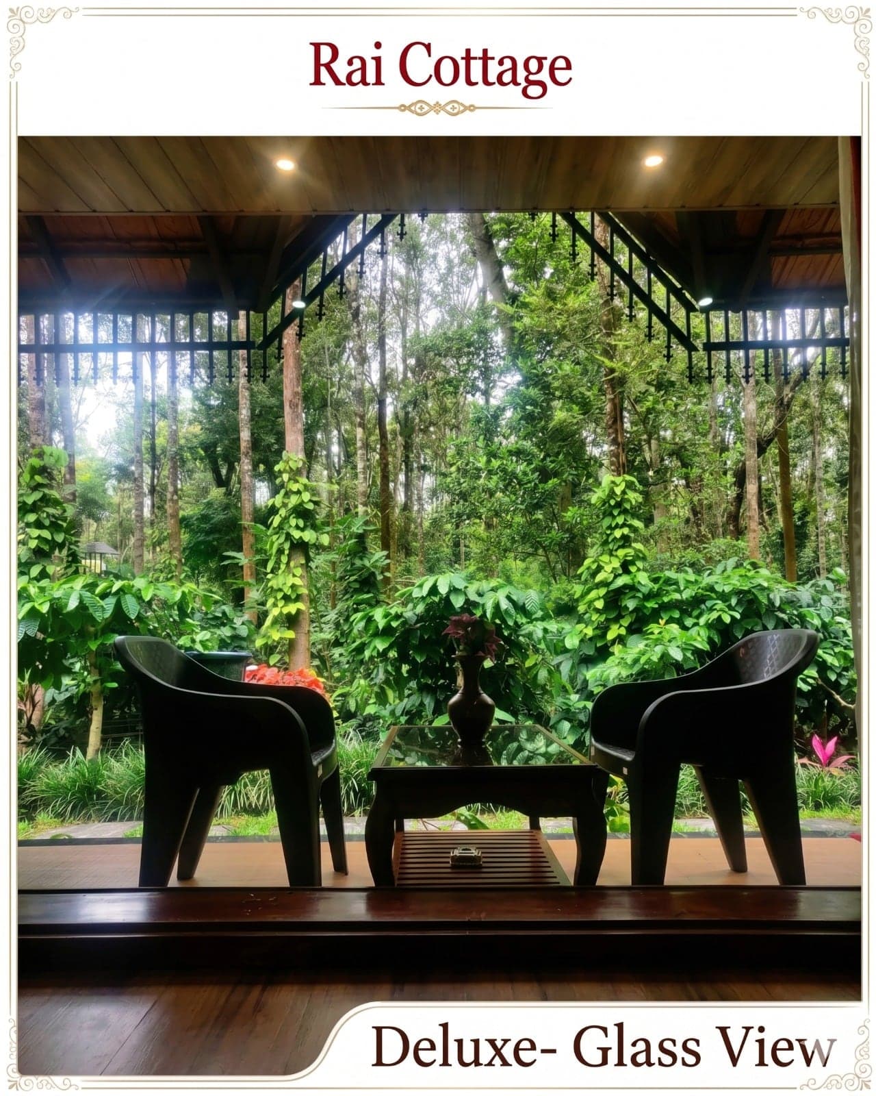 Sit-out of the Deluxe Cottage at Rai Cottage looking onto the estate
