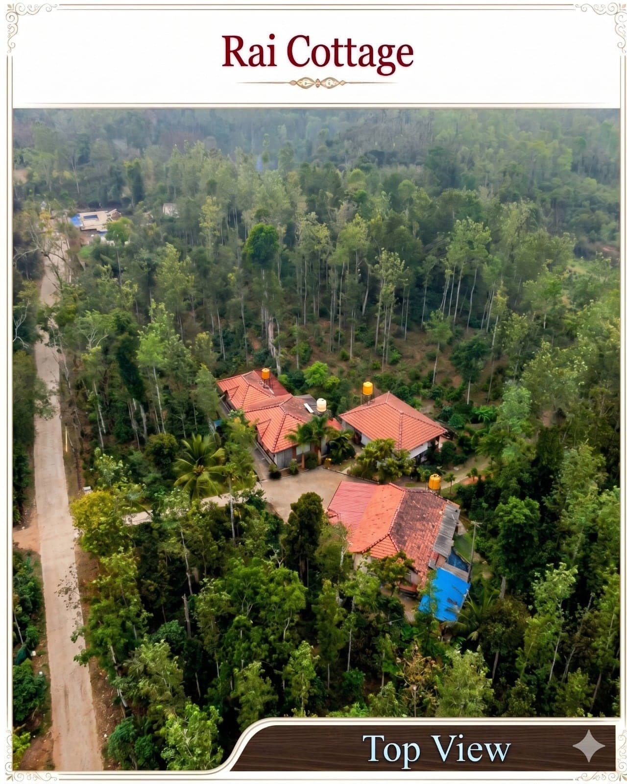 Aerial view of the Rai Cottage estate and cottages among the coffee